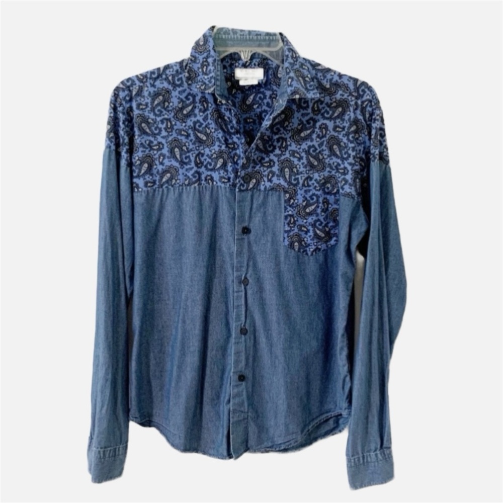 Zara Man Denim Couture Button Front Slim Fit Paisley Denim Shirt Pointed Collar